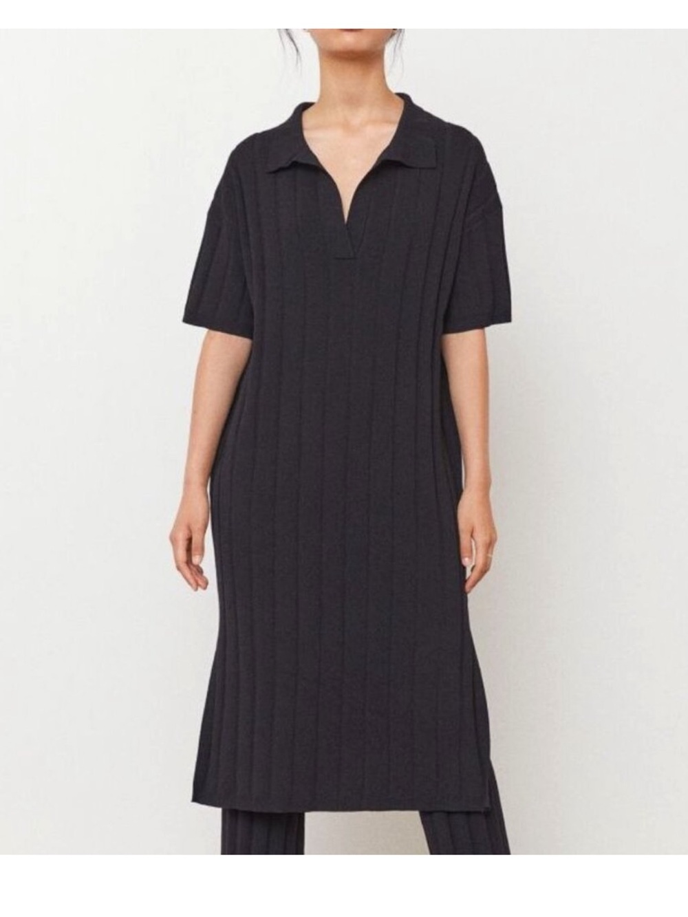 H&M Wide Ribbed Collared Midi Dress Side Slits Black Size Medium